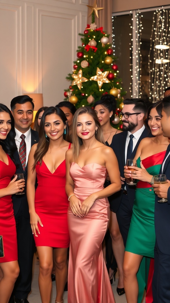 A festive Christmas party with elegantly dressed guests celebrating the holiday season.